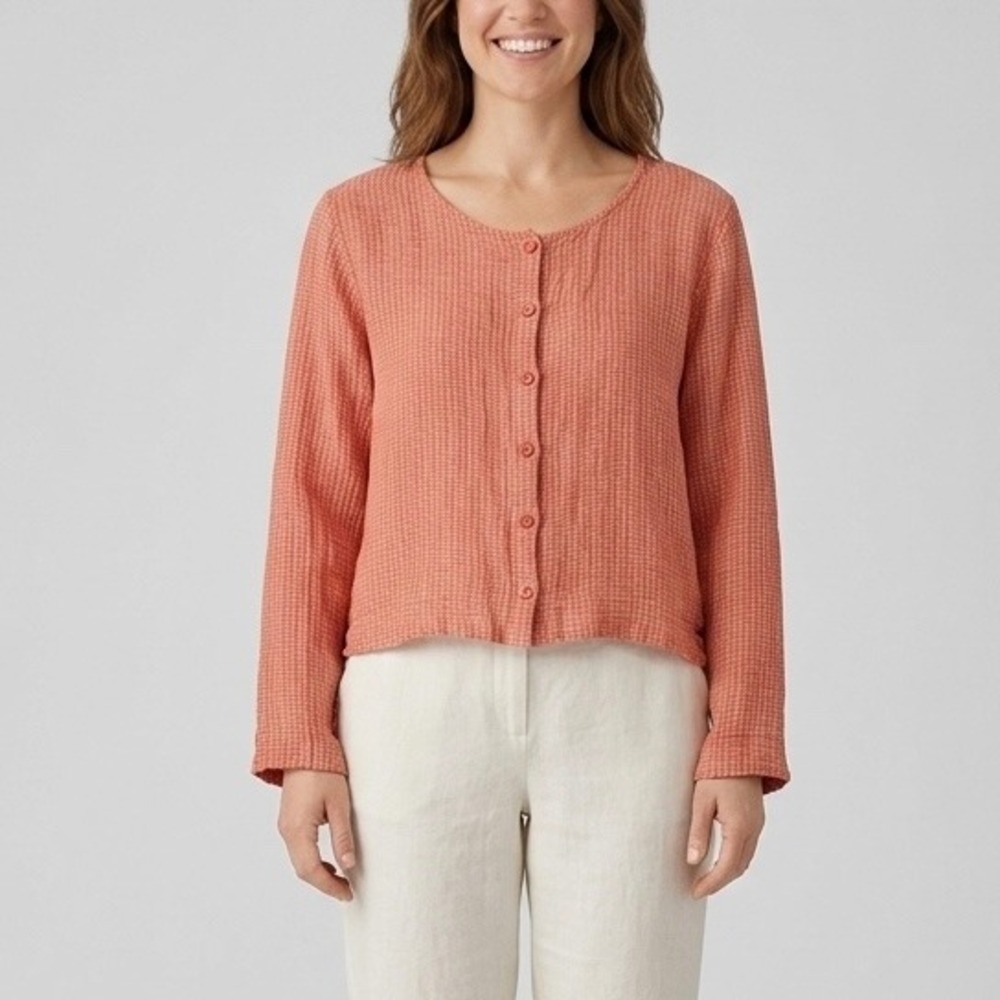 Flax Orange White Textured 100% Linen Button Front Long Sleeve Top Size Medium
